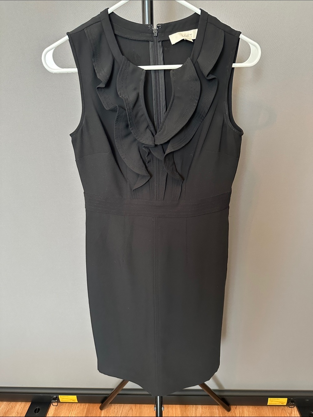 LOFT Black Sleeveless Ruffle-Front Midi Dress